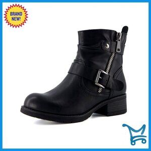 Motorcycle Ankle Boots with Memory Foam, Zipper & Buckle, Wide Width